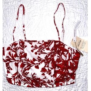 Midnight Sky Red White Floral Linen Blend Smocked Corset Crop Top Womens S NEW